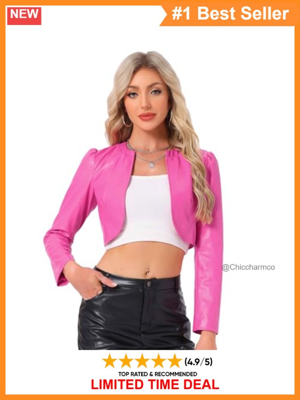 Faux Leather Open Front Long Sleeve Cropped Jacket